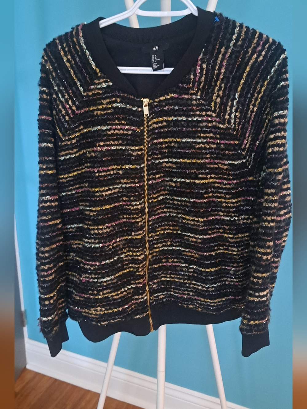 H&M Black Multi-Striped Textured Zip Bomber Jacket